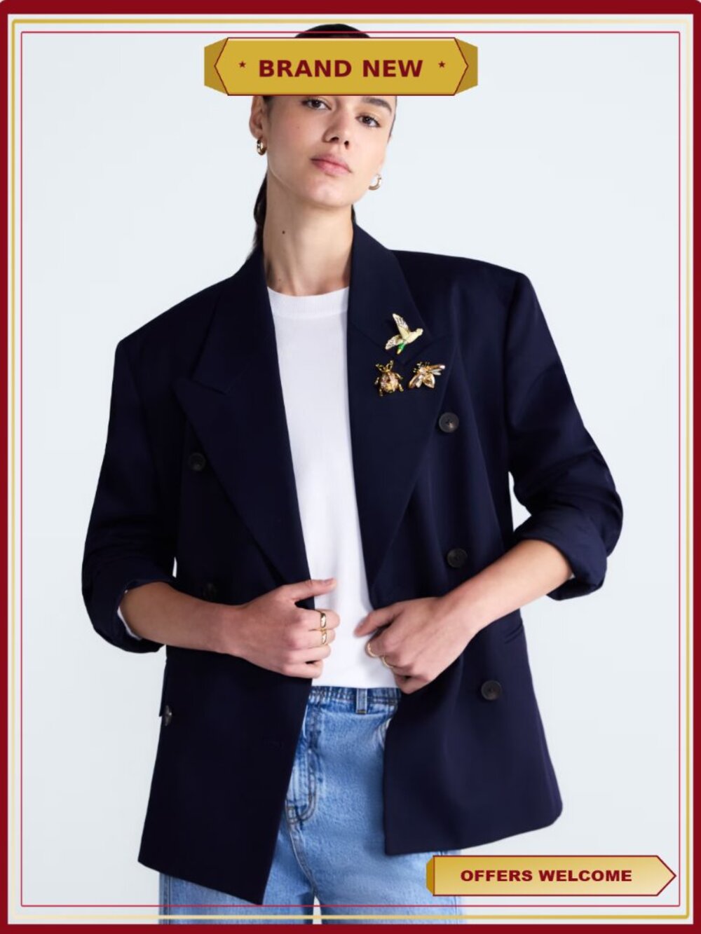 Embellished Wool Blend Boxy Double Breasted Blazer Pin Detail